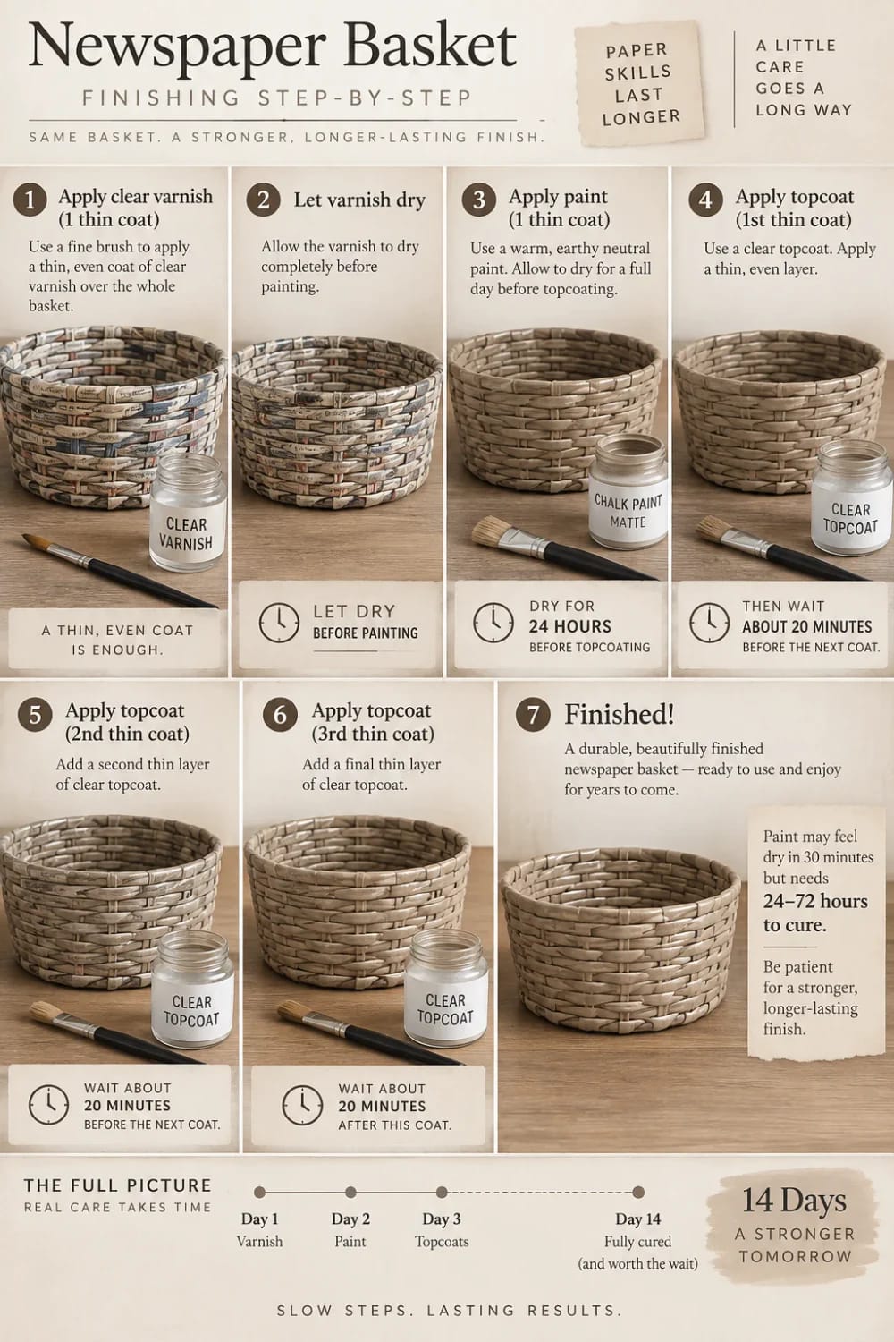 Infographic showing seven finishing steps for a woven newspaper basket made from rolled paper tubes: applying varnish, drying, painting, adding three thin topcoat layers, and waiting for the basket to cure, with a 14-day timeline.