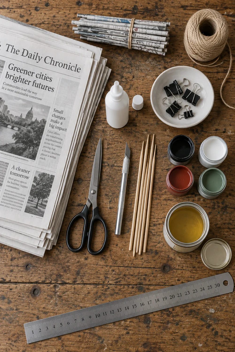Materials for weaving a newspaper basket arranged on a wooden table, including newspapers, rolled paper tubes, twine, glue, clips, scissors, a craft knife, wooden skewers, paints, brushes, and a ruler