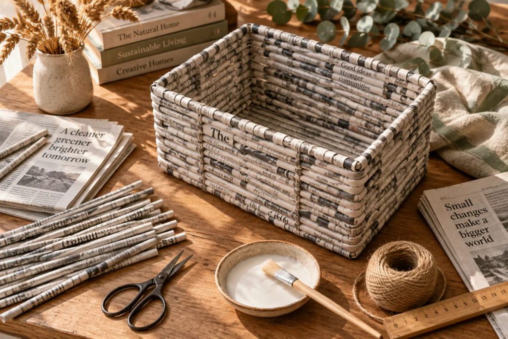 Sustainability Success 9 A rectangular basket made from rolled newspaper tubes sits on a wooden table beside loose paper tubes, scissors, paste, twine, a ruler, newspapers, books, and dried foliage.