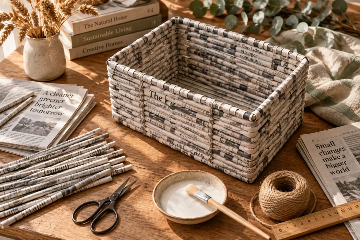 A rectangular basket made from rolled newspaper tubes sits on a wooden table beside loose paper tubes, scissors, paste, twine, a ruler, newspapers, books, and dried foliage.