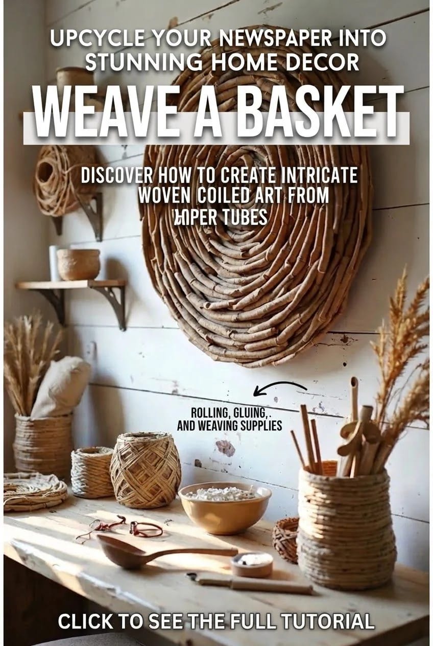 Wall-mounted woven basket made from rolled paper tubes above a worktable with weaving supplies, small baskets, tools, and materials for newspaper basket weaving