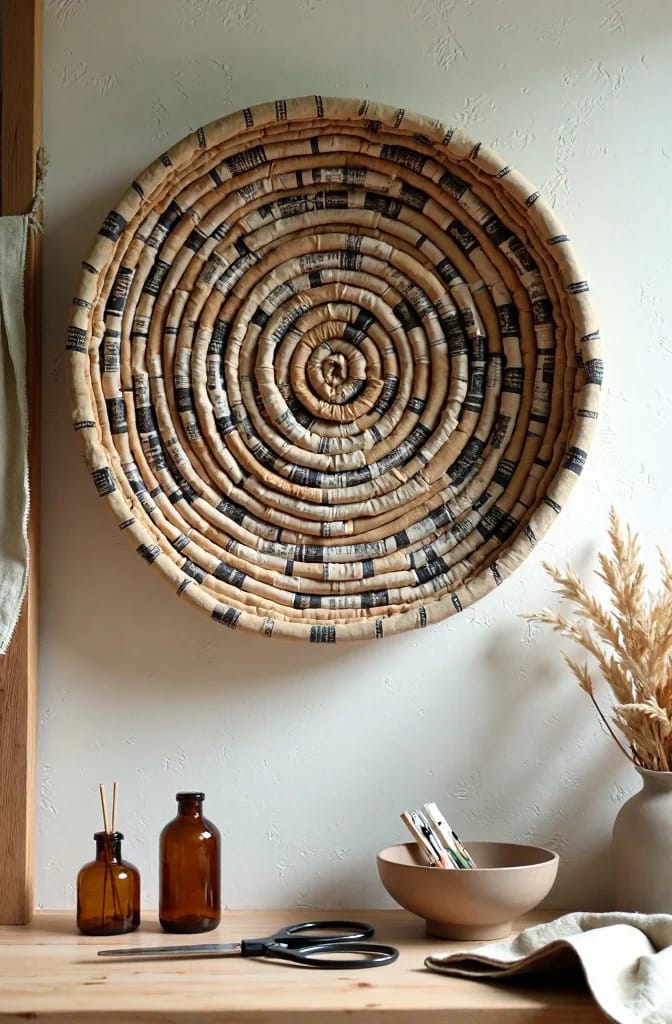 Round newspaper basket made from rolled paper tubes hangs on a wall above a wooden table with scissors, brown bottles, brushes, and a bowl