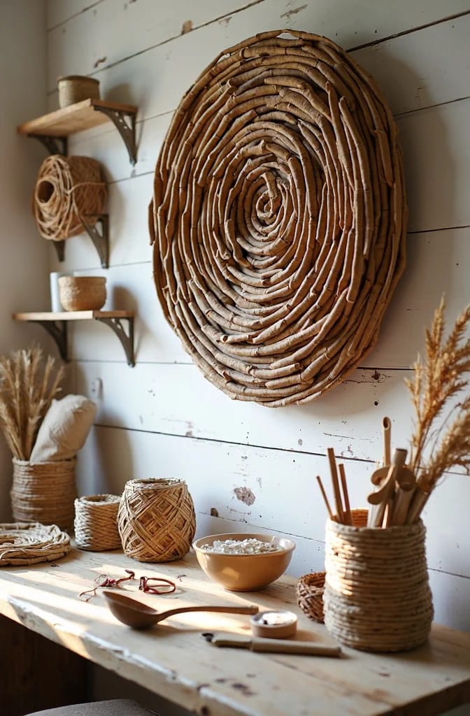 Large oval wall basket made from tightly rolled paper tubes, woven in concentric rounds against a white plank wall, with smaller woven baskets, bowls, tools, and dried grasses on nearby shelves and a worktable
