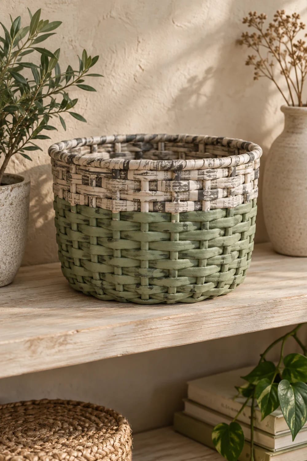 A round newspaper basket woven from rolled paper tubes, with printed paper sections around the upper portion and pale green sections below, displayed on a wooden shelf.