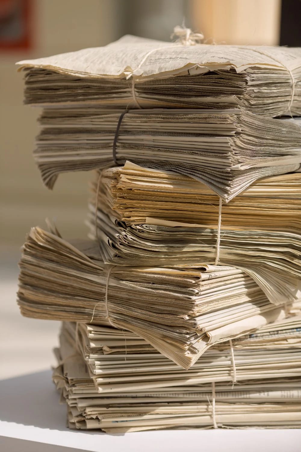 Several stacks of bundled newspapers arranged on a table, ready as supplies for weaving a newspaper basket from rolled paper tubes