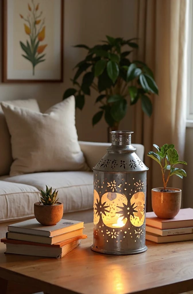A perforated metal lantern glowing on a living room centre table, beside stacked books and small potted plants, illustrating an out of waste showpiece that throws light