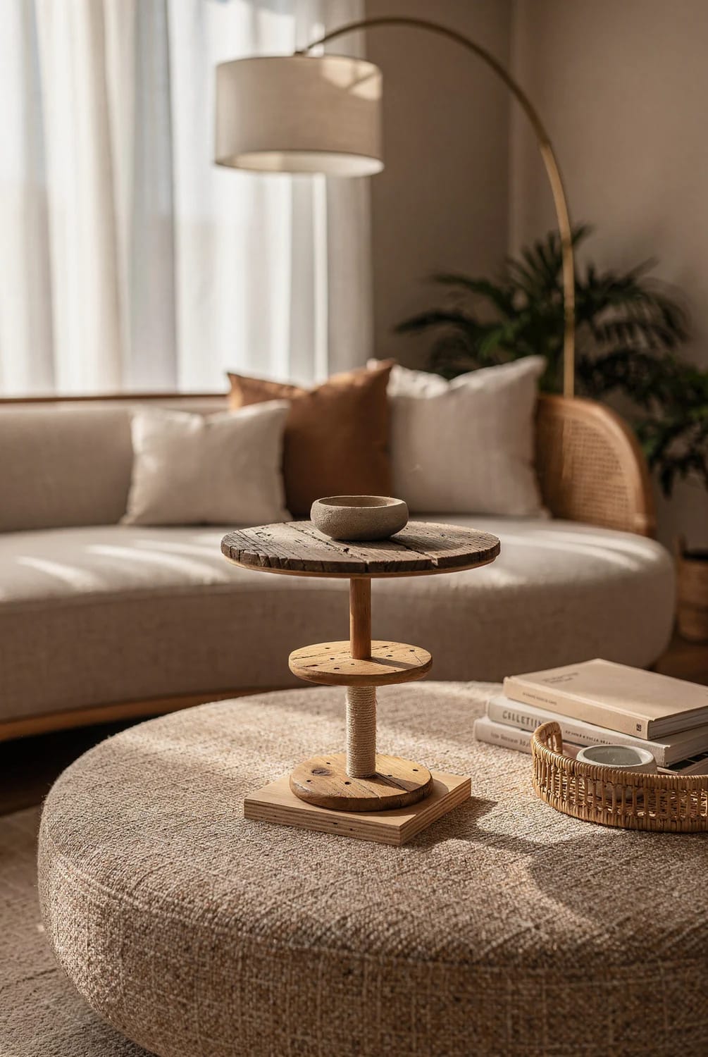 A tiered wooden pedestal stand with a small bowl on top sits on a round upholstered living room centre table, beside stacked books and a woven basket.