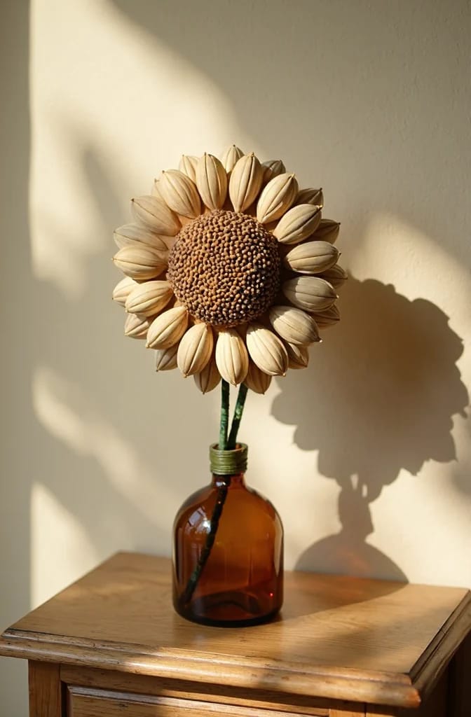 A sunflower-style floral decoration with beige petals and a textured brown center stands in an amber glass bottle on a wooden centre table, illustrating an out-of-waste showpiece for a living room.