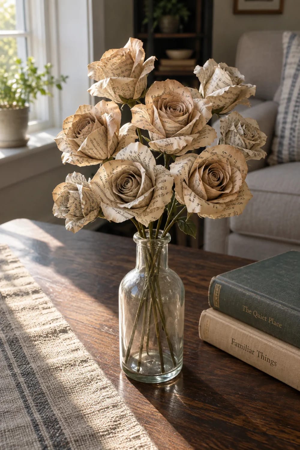 Bouquet of handmade paper roses with printed text arranged in a clear glass vase on a living room centre table, beside stacked books.