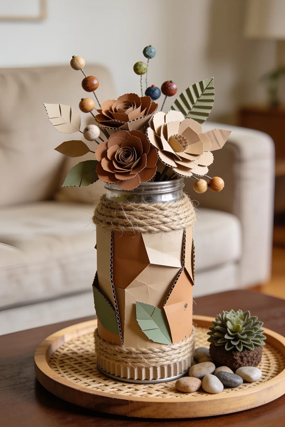 A handmade out-of-waste floral showpiece sits on a living room centre table, featuring layered cardboard flowers, paper leaves, bead-topped stems, and a recycled cardboard vase wrapped with twine on a round tray.