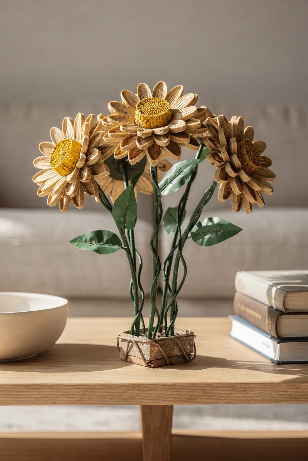 Three handmade daisy-like flowers with textured tan petals and yellow centers, green stems, and leaves arranged in a small rustic planter on a wooden living room centre table beside a bowl and stacked books.