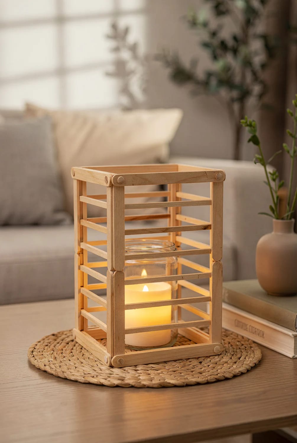 Wooden slatted candle holder made from repurposed materials, containing a lit candle in a glass jar on a woven round mat atop a living room centre table