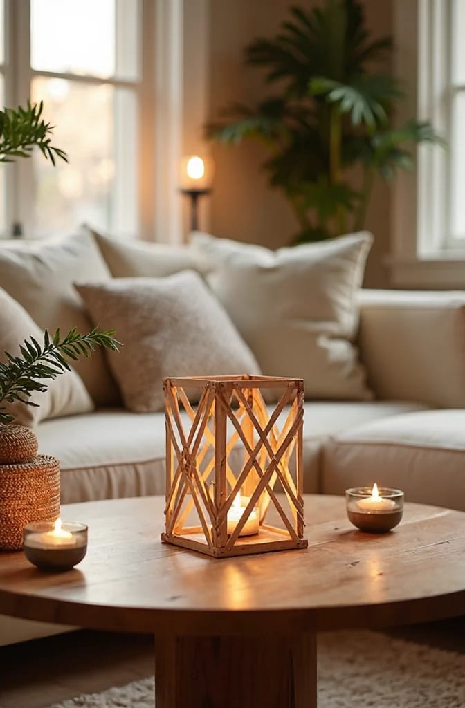 A woven wooden lantern with a lit candle sits on a round wooden living room centre table, surrounded by two small candles and a potted plant, illustrating an out of waste showpiece that throws light