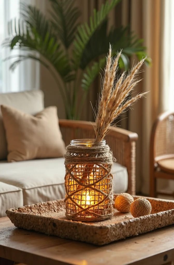 A glowing glass jar wrapped in twine and woven material, filled with dried grasses, sits on a rustic tray with decorative twine balls on a living room centre table.