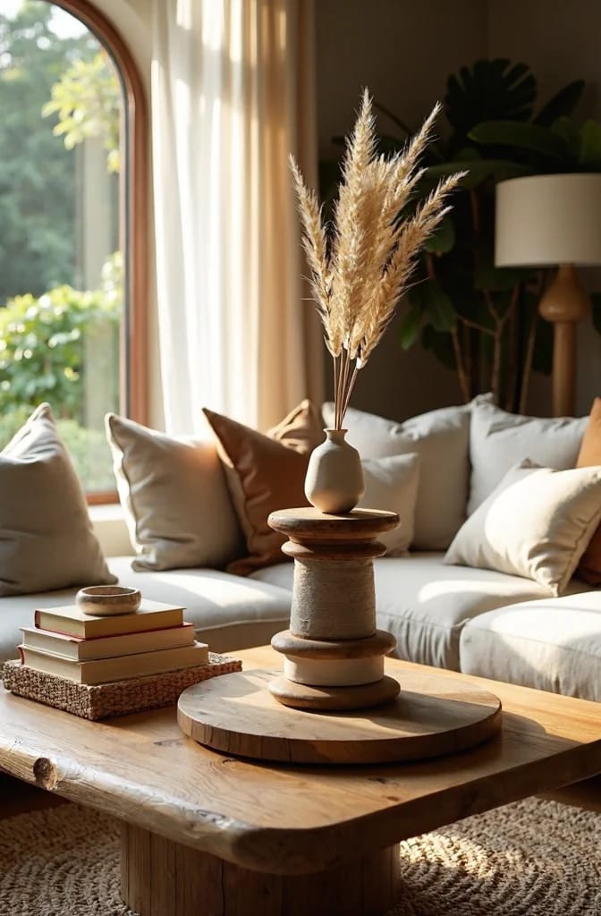 A stacked wooden pedestal with a small ceramic vase holding dried grasses sits on a round wood slab atop a living room centre table, beside stacked books and a small bowl.