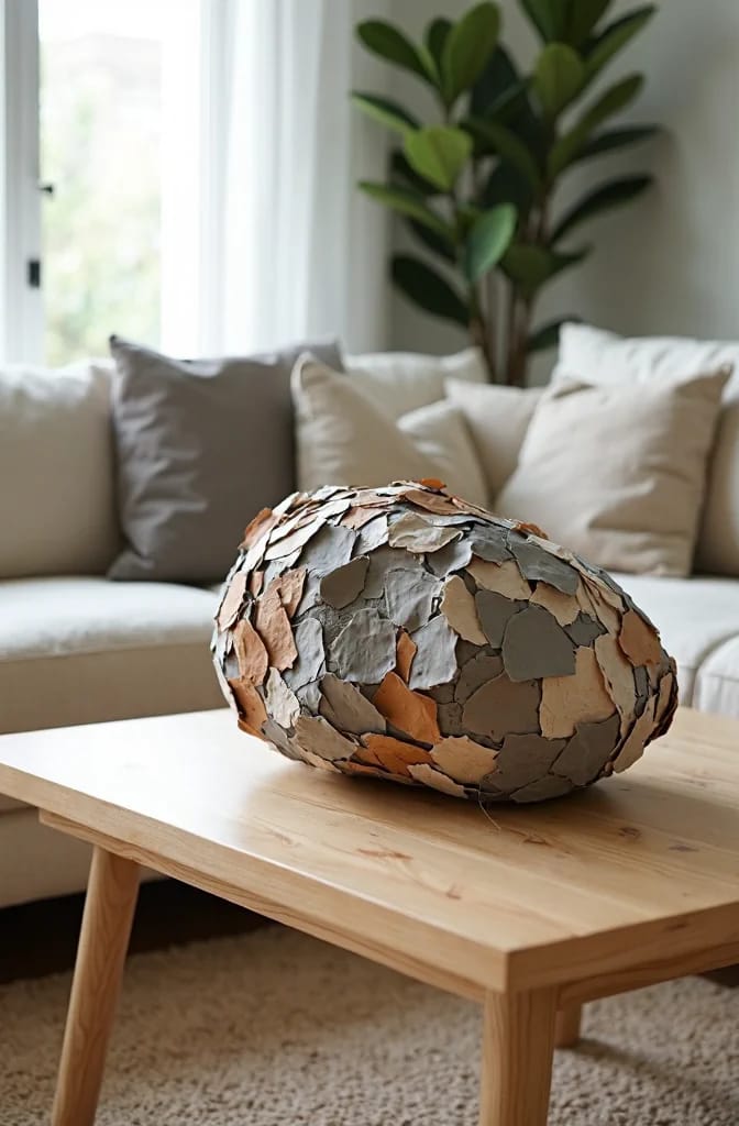 A rounded mosaic-style showpiece made from overlapping beige, gray, brown, and copper-toned pieces sits on a wooden living room centre table, with a sofa, cushions, and leafy plant in the background.