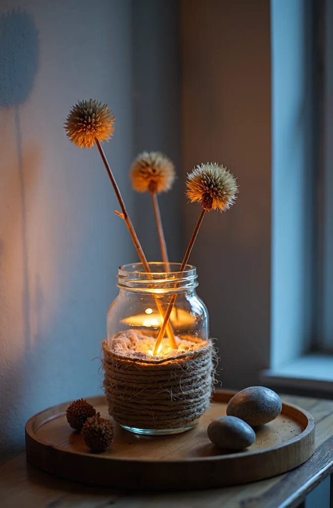 A glass jar candle holder wrapped in coarse twine sits on a wooden tray, with dried seed pods and three long dried flowers arranged inside for a warm living room centre table showpiece