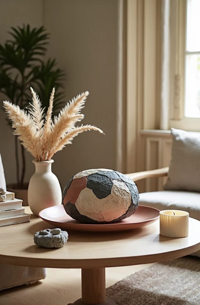 Living room centre table displaying a patchwork spherical showpiece on a tray, beside a vase of dried grasses, books, a small stone ornament, and a lit candle