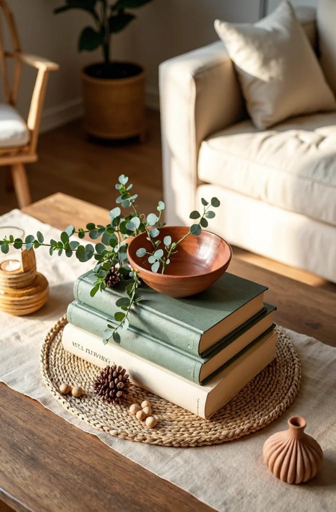 Living room centre table styled with stacked books, a wooden bowl holding eucalyptus branches, a candle, pinecone, beads, and a woven round placemat