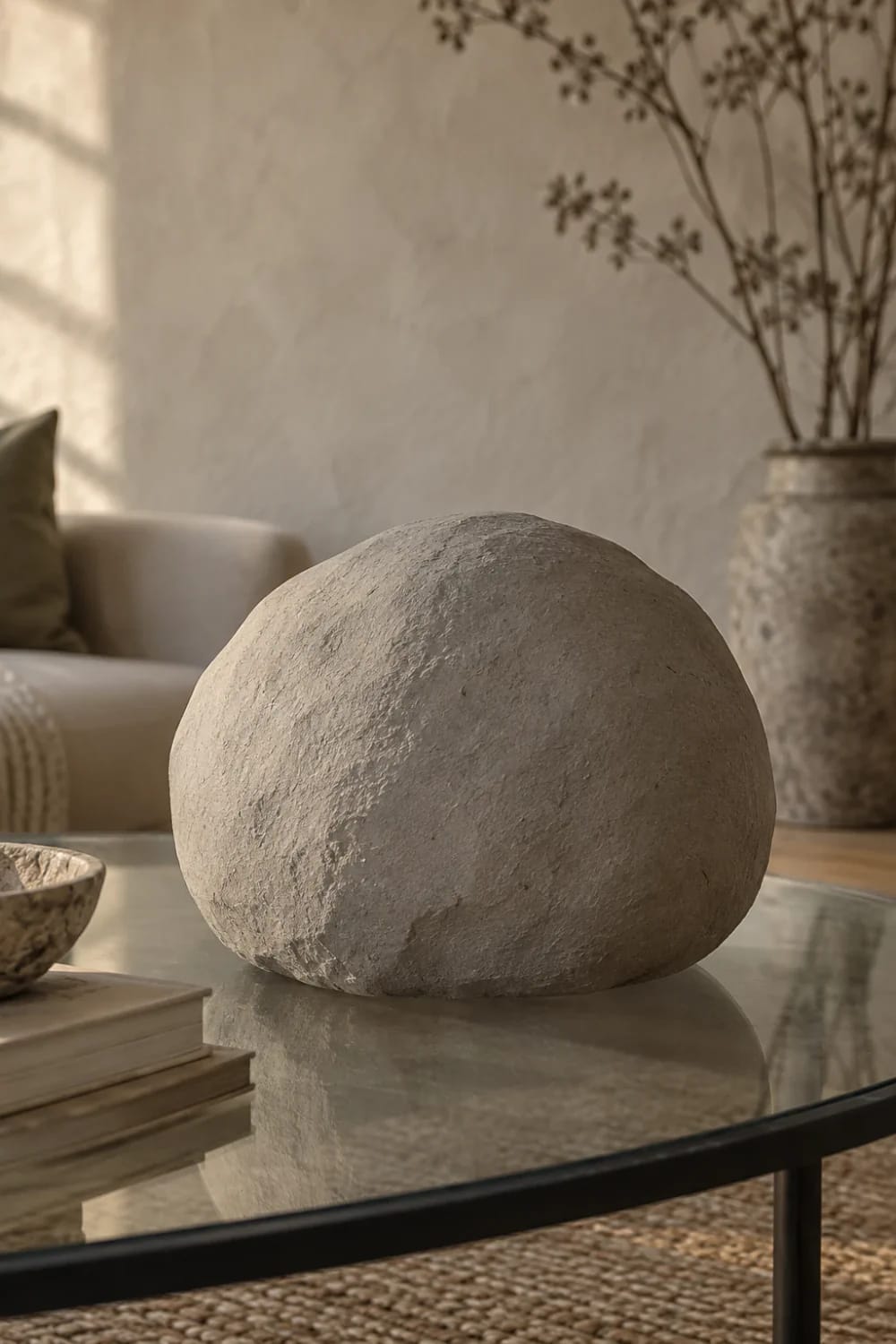A large textured off-white spherical showpiece sits on a glass living room centre table, beside stacked books and a small bowl, with a sofa and tall vase in the background.