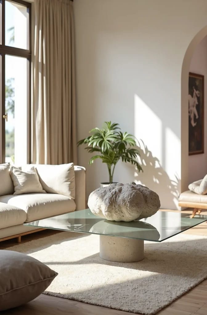 Textured stone-like out-of-waste showpiece displayed on a glass living room centre table, with a potted plant, cream sofa, rug, and bright sunlight in the background