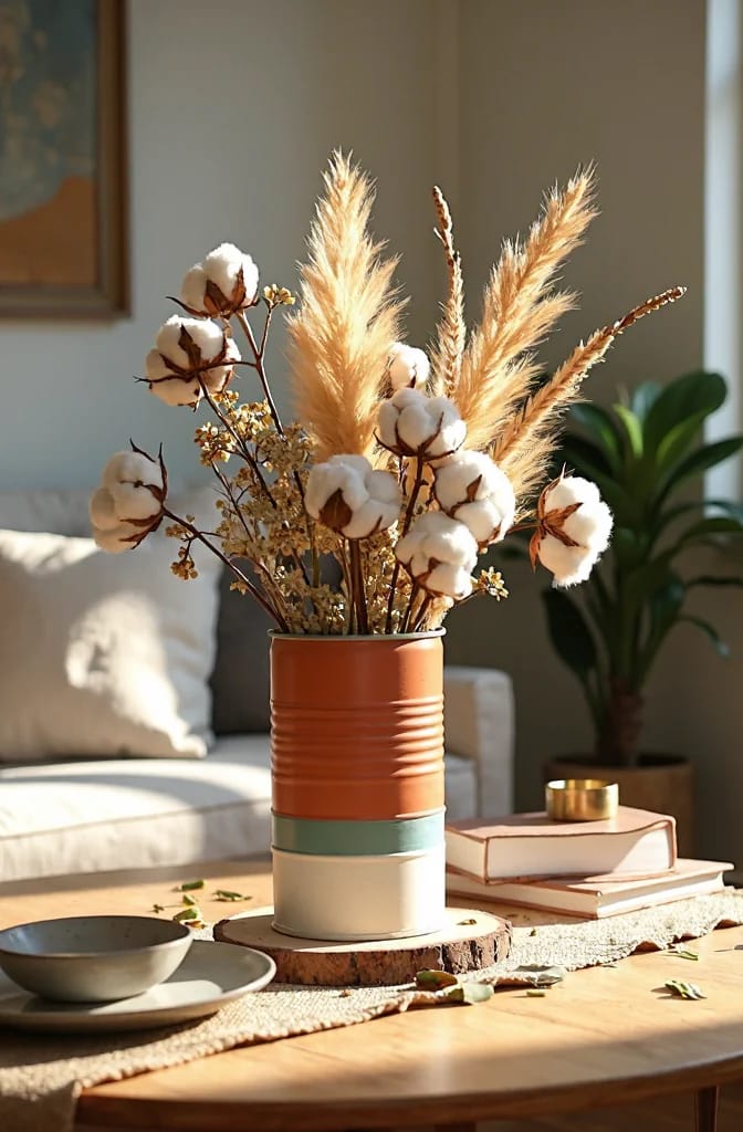 Decorative stacked-color vase filled with cotton stems and dried grasses, displayed on a wooden living room centre table with books, bowls, and a plant nearby.