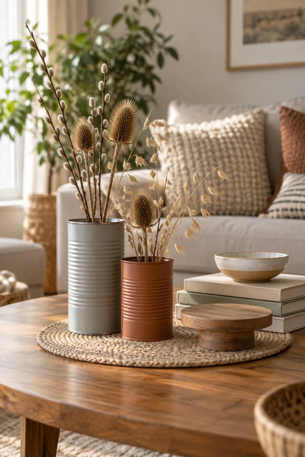 Living room centre table styled with ribbed metal-can vessels holding dried stems, stacked books topped with a shallow bowl, and a round wooden pedestal on a woven mat