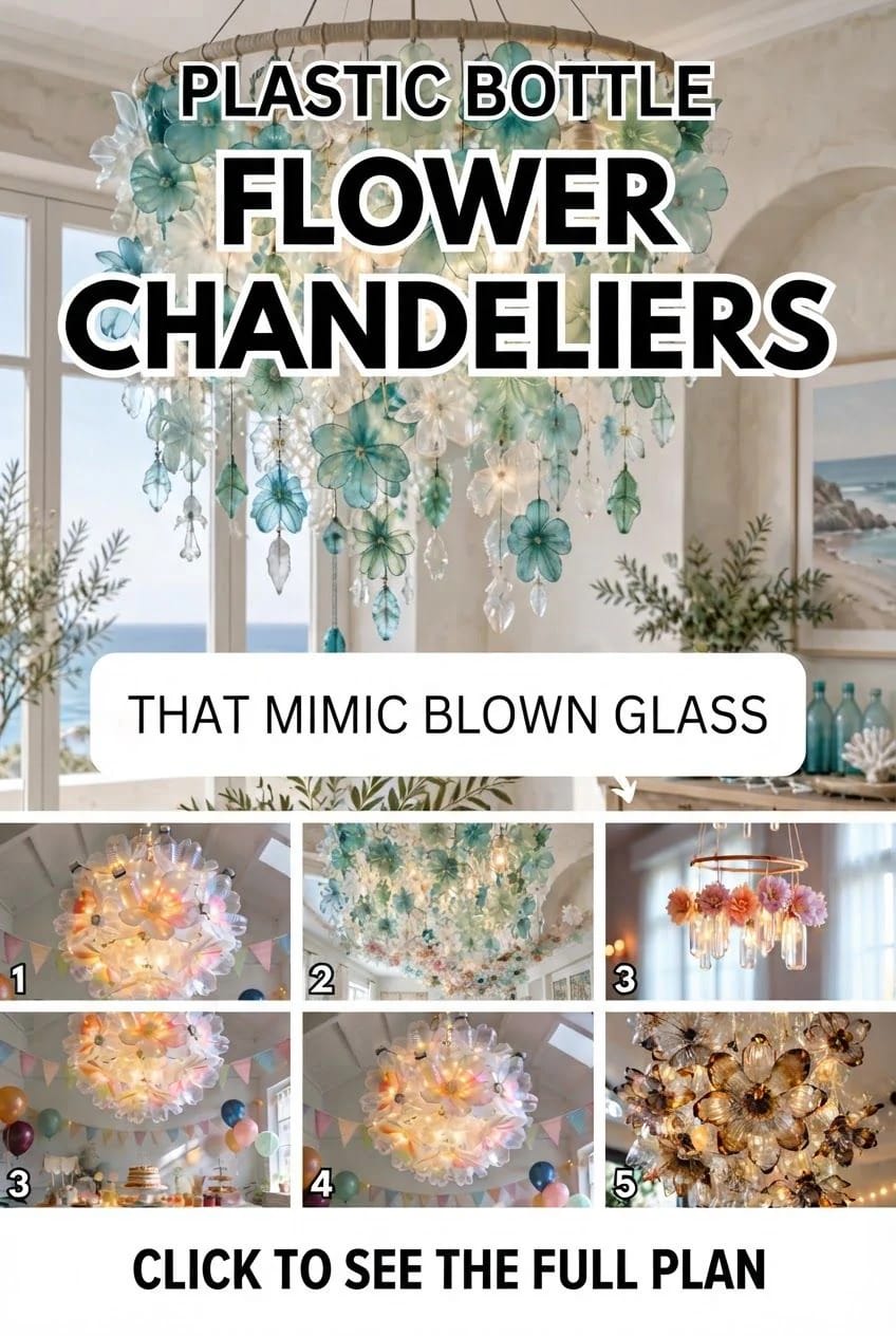 Plastic Bottle Flower Chandelier For A Party Ceiling Decorative hanging chandelier covered with translucent blue, green, and clear plastic bottle flowers and dangling petal shapes, presented as a plastic bottle flower chandelier for a party ceiling that mimics blown glass
