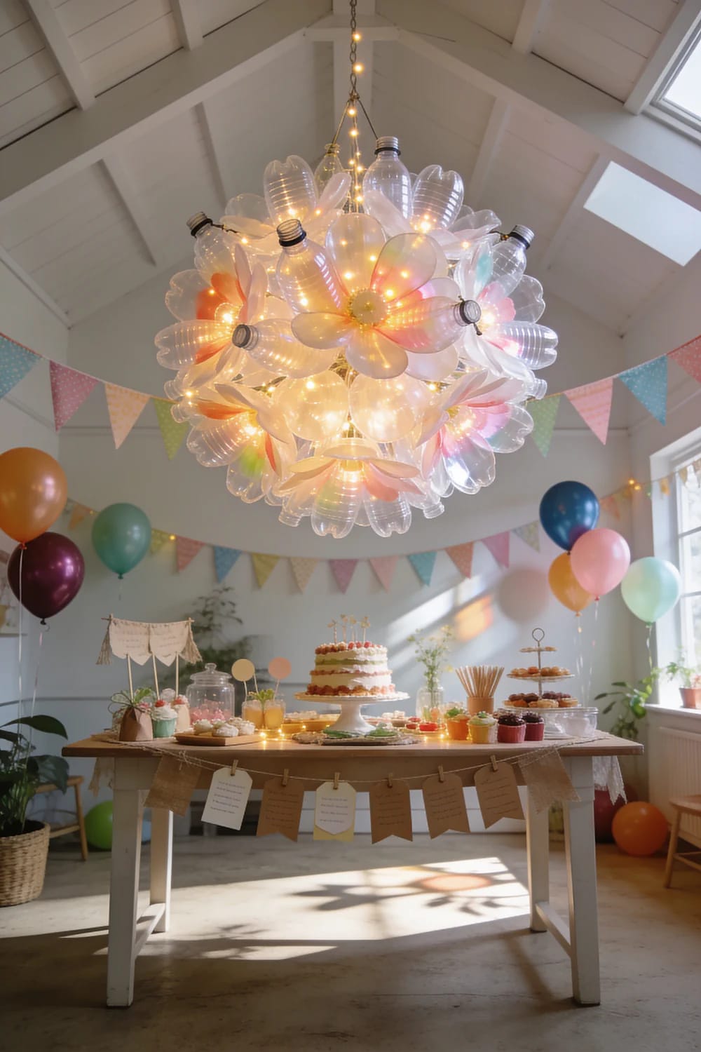Plastic Bottle Flower Chandelier For Party Ceiling A flower-shaped chandelier made from clear plastic bottles hangs above a decorated party dessert table, with warm lights, colorful bunting, balloons, and cakes visible below.