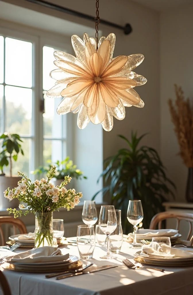 Plastic Bottle Flower Chandelier For Party Ceiling A translucent flower-shaped chandelier hangs above an elegantly set dining table, with layered amber and clear petal-like shapes, glassware, plates, and a floral centerpiece visible below.