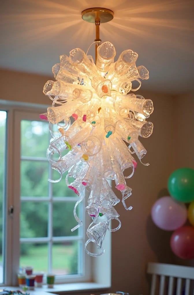 Plastic Bottle Flower Chandelier For Party Ceiling Illuminated chandelier made from clear plastic bottles arranged like flower petals, hanging from a ceiling fixture in a room decorated with balloons.