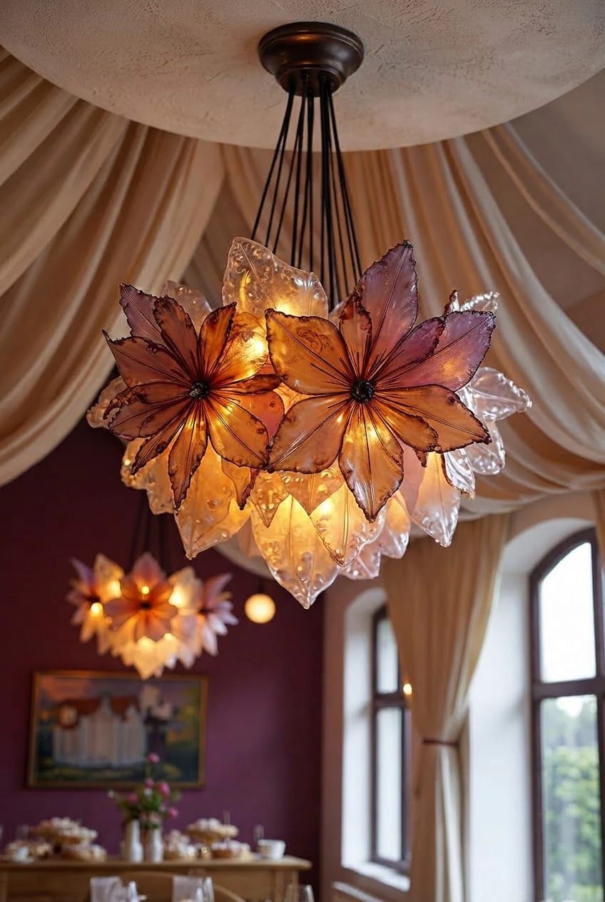 Plastic Bottle Flower Chandelier For Party Ceiling Illuminated flower chandelier with amber, purple, and clear petal-shaped pieces hanging from a ceiling mount, with draped curtains, windows, and a second floral light in the background