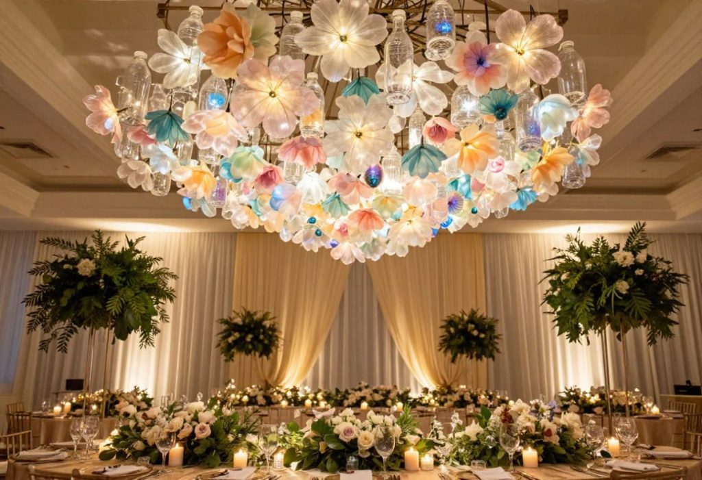 A large plastic bottle flower chandelier hangs above a decorated party banquet table, combining translucent pastel flowers, clear bottles, and small lights in a glowing ceiling installation