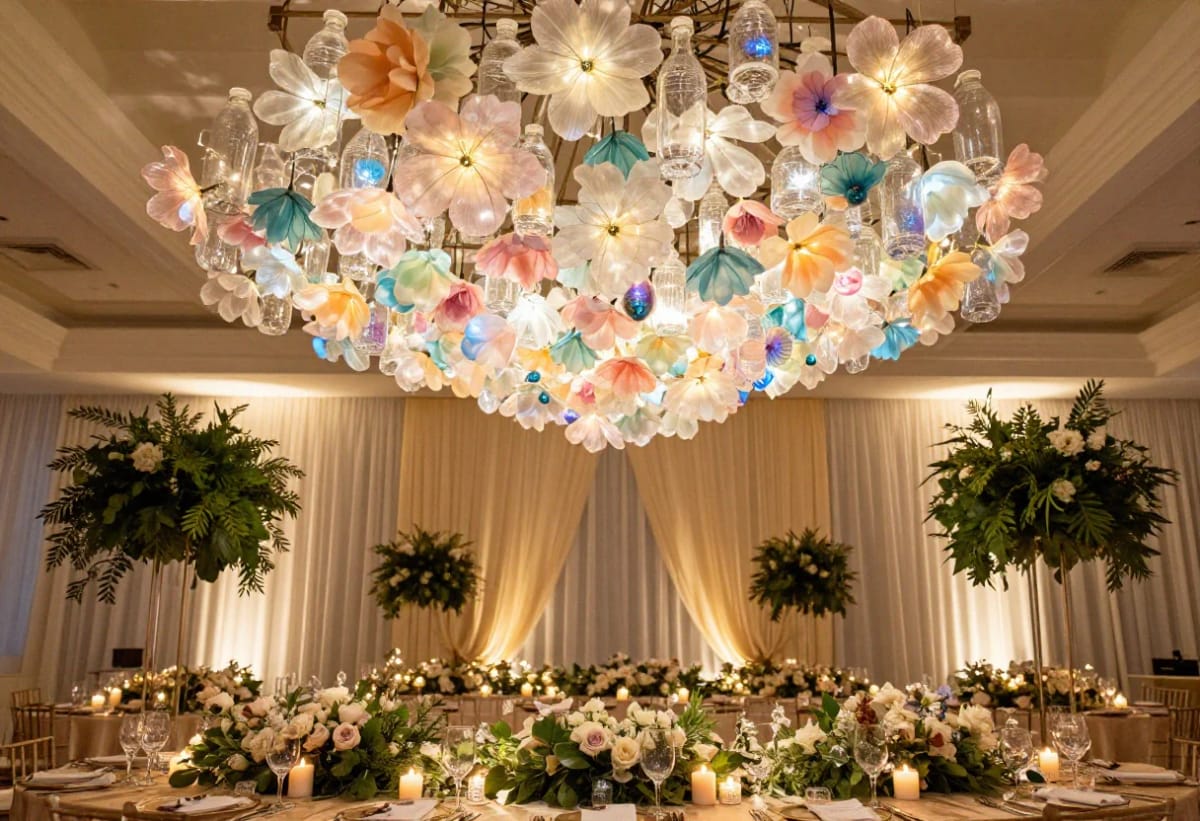 Plastic Bottle Flower Chandeliers for a Party Ceiling, Made to Pass for Blown Glass 1 A large plastic bottle flower chandelier hangs above a decorated party banquet table, combining translucent pastel flowers, clear bottles, and small lights in a glowing ceiling installation