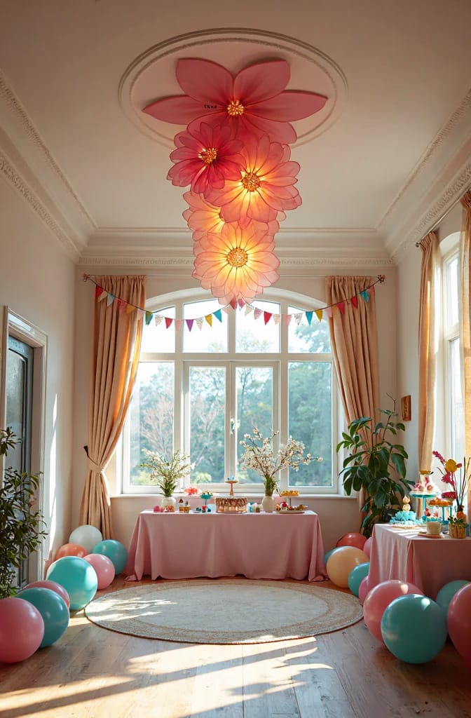 Plastic Bottle Flower Chandelier For Party Ceiling Pink and orange flower-shaped chandelier hangs from the ceiling above a decorated party room with balloons, bunting, tables, plants, and large windows, illustrating a plastic bottle flower chandelier for a party ceiling