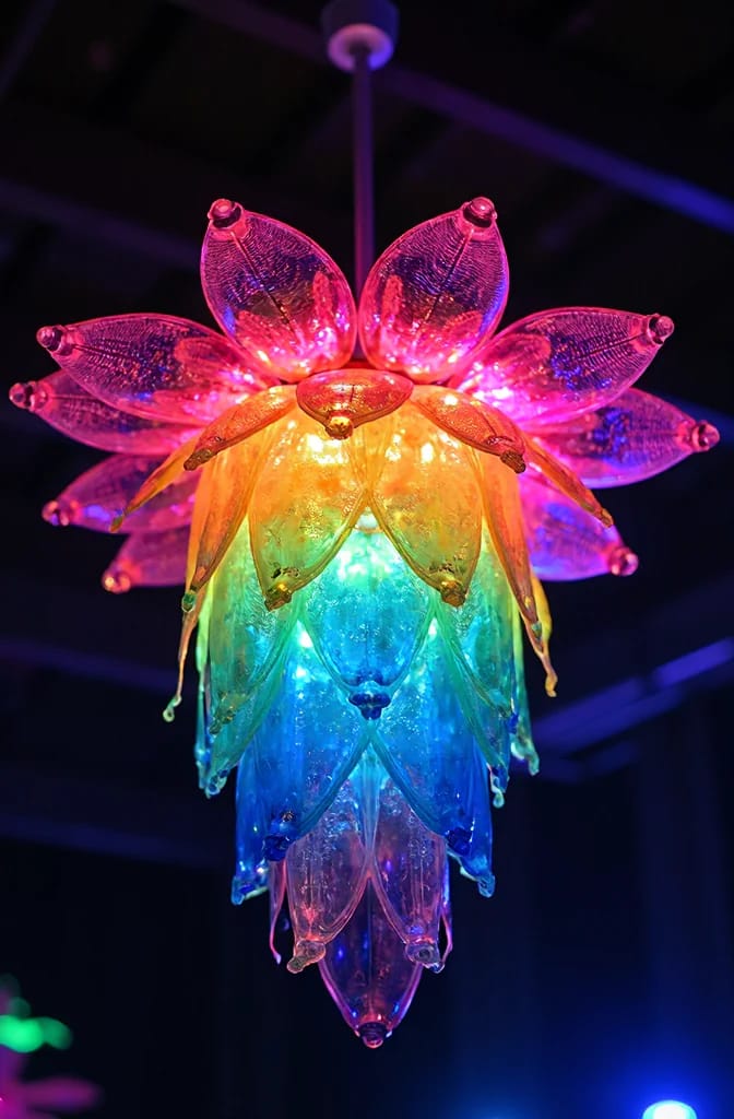 Plastic Bottle Flower Chandelier Made To Resemble Blown Glass A colorful flower-shaped chandelier made from translucent plastic bottle pieces, glowing with pink, orange, green, blue, and purple lights against a dark ceiling, illustrating plastic bottle flower chandeliers for a party ceiling made to resemble blown glass