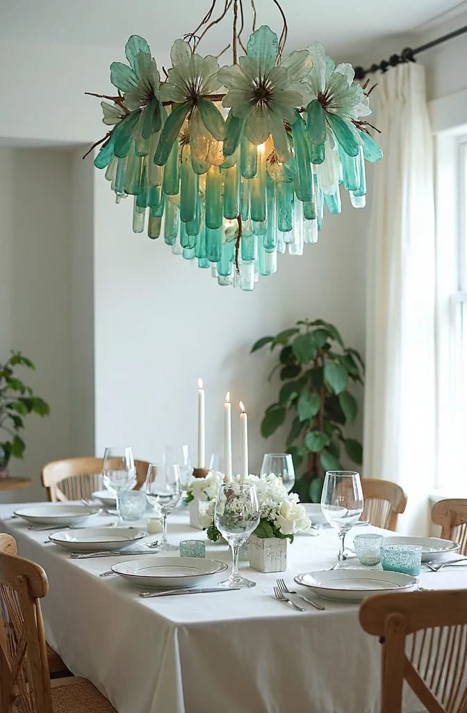 Plastic Bottle Flower Chandelier Party Ceiling Teal and clear plastic bottle flowers form a tiered chandelier above a set dining table, creating the look of blown glass for a party ceiling
