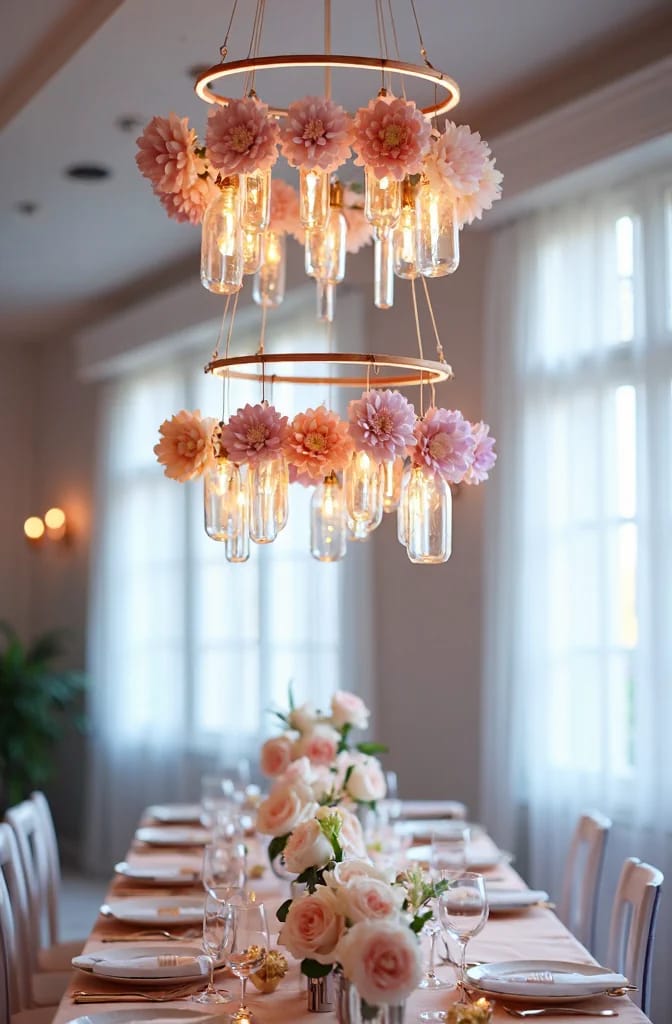 Plastic Bottle Flower Chandelier Party Ceiling Two circular hanging chandeliers decorated with pink and peach flowers and illuminated clear bottle-like pendants above a set dining table for a party ceiling display