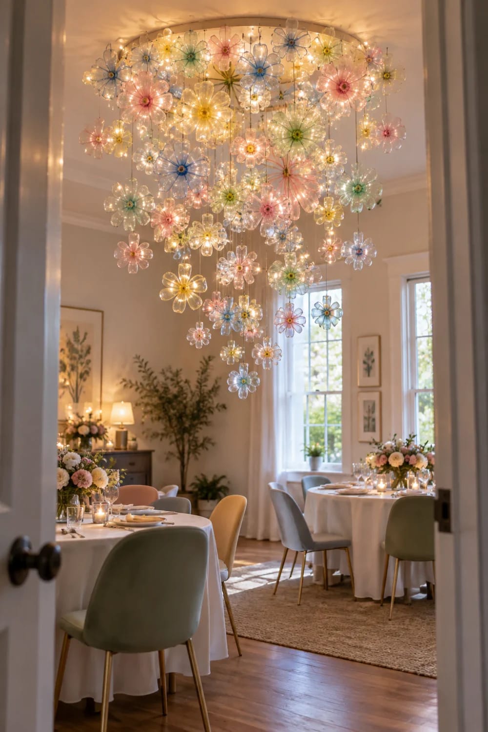 Plastic Bottle Flower Chandelier Party Ceiling A large chandelier of colorful translucent flower shapes with glowing lights hangs from the ceiling above several round, flower-decorated dining tables in an elegant room, illustrating plastic bottle flower chandeliers for a party ceiling