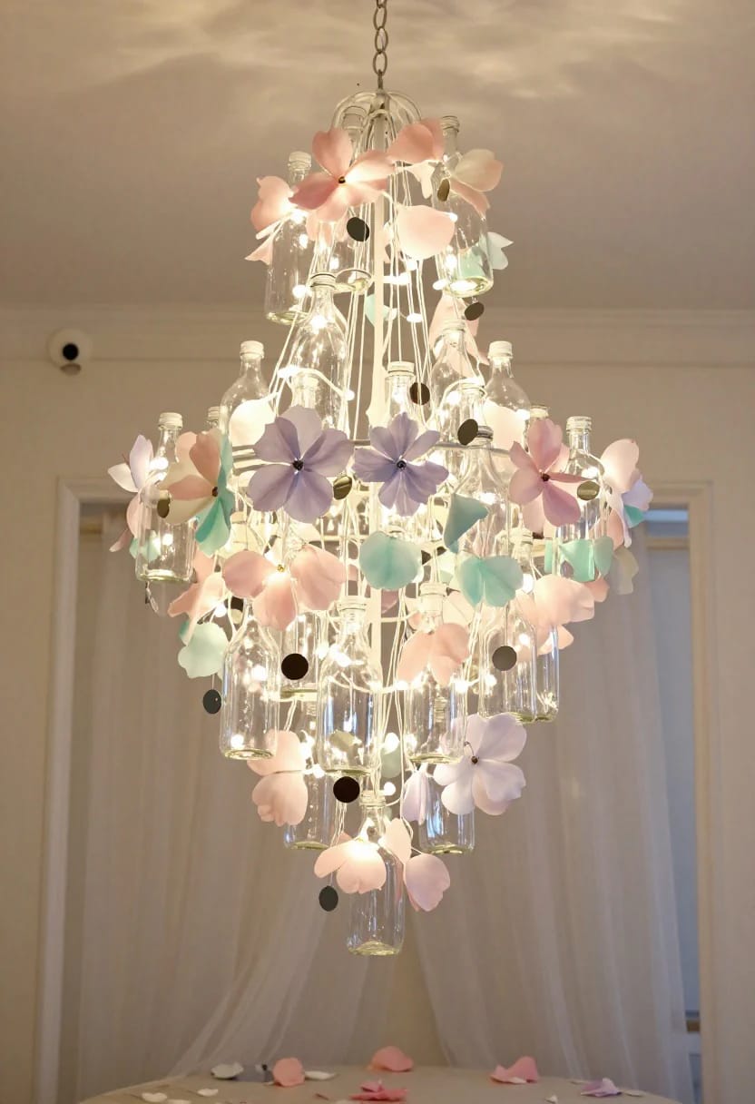 Plastic Bottle Flower Chandelier Party Ceiling Hanging party chandelier made from clear plastic bottles, warm string lights, and pastel paper flowers, suspended from the ceiling above a decorated table