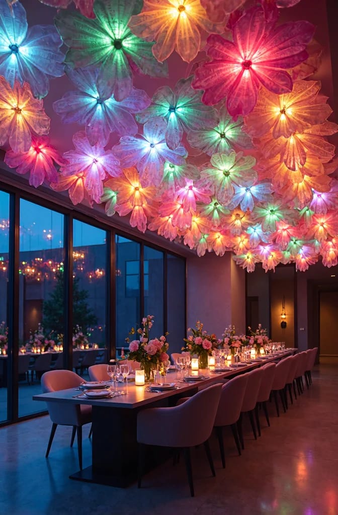 Plastic Bottle Flower Chandelier Party Ceiling A long dining table set for a party beneath a ceiling covered with colorful illuminated flower-shaped plastic bottle chandeliers, with large windows and floral centerpieces visible.