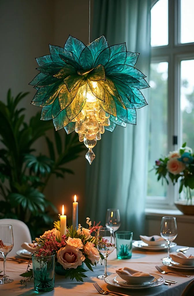 Plastic Bottle Flower Chandelier Party Ceiling A glowing flower-shaped chandelier made from translucent teal and gold plastic bottle petals hangs above an elegantly set party dining table, creating a blown-glass effect.