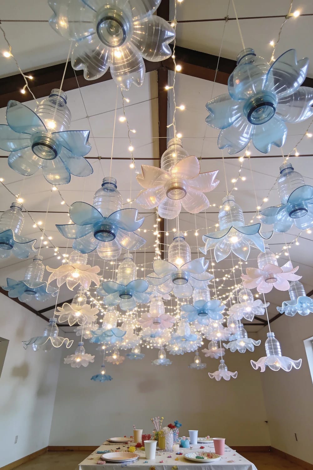 Plastic Bottle Flower Chandeliers For Party Ceiling Numerous translucent blue, white, and pale pink flower-shaped plastic bottle chandeliers hang across a party ceiling, interwoven with glowing string lights above a decorated dining table.