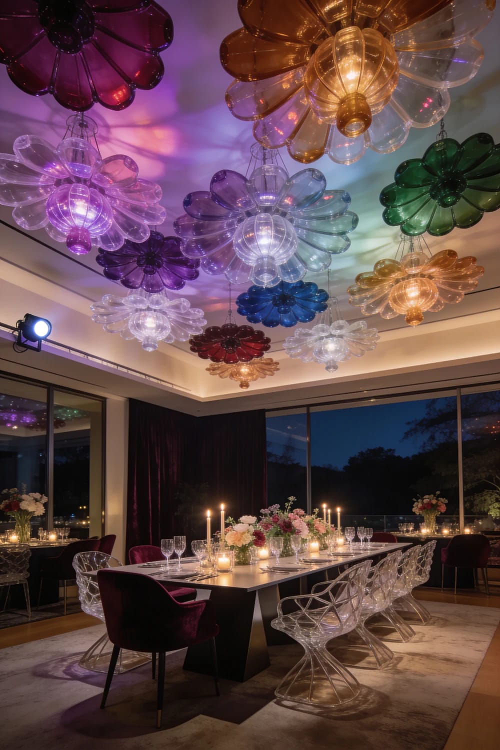 Plastic Bottle Flower Chandeliers For Party Ceiling A dining room party setting with colorful flower-shaped plastic bottle chandeliers hanging across the ceiling, casting purple, blue, green, and amber light above a candlelit table.
