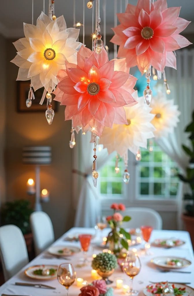 Plastic Bottle Flower Chandeliers For Party Ceiling Hanging translucent flower chandeliers with warm lights and dangling crystal-like ornaments decorate a dining table set for a party, illustrating plastic bottle flower chandelier decor shaped to resemble blown glass