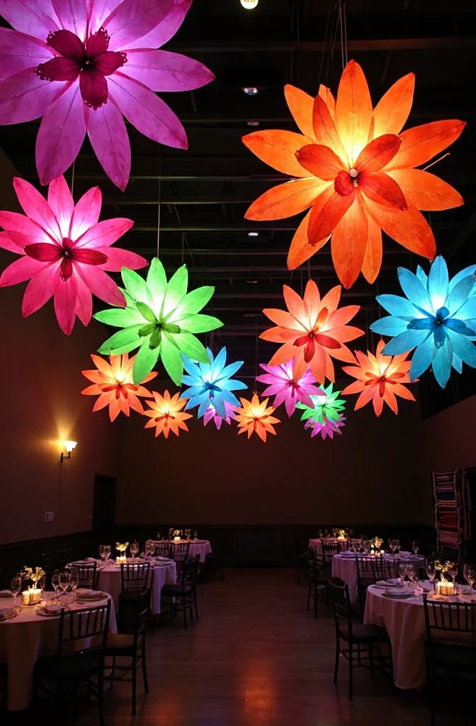 Plastic Bottle Flower Chandeliers For Party Ceilings Large colorful flower-shaped chandeliers hang from the ceiling above a dimly lit party dining room, with round tables, chairs, and place settings below.