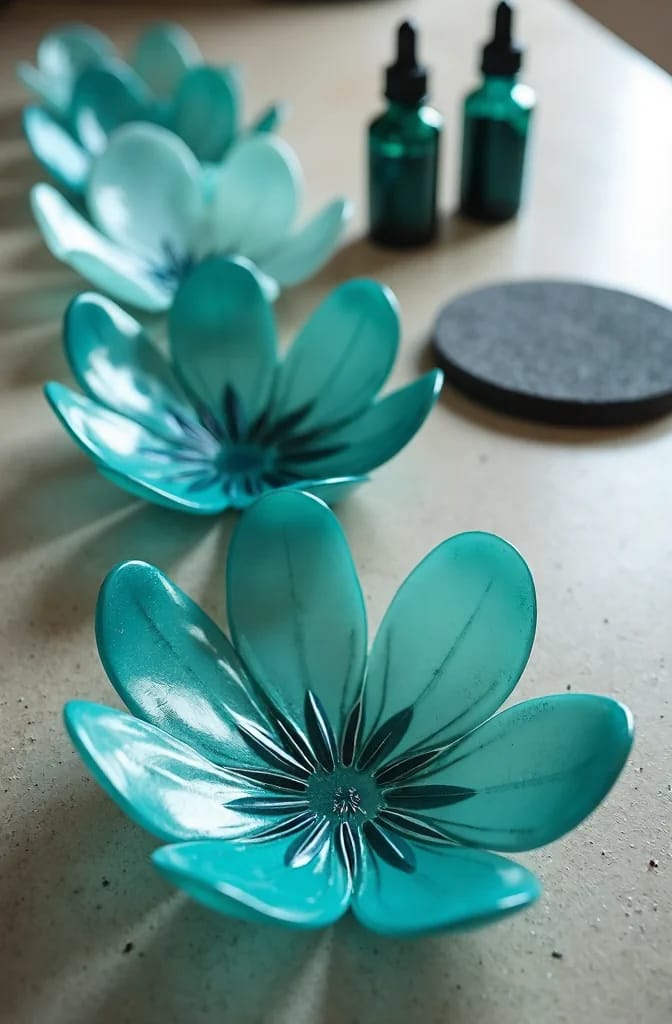 Plastic Bottle Flower Chandeliers Made To Resemble Glass Several translucent turquoise flower shapes made from plastic bottle pieces rest on a work surface, with two dark teal bottles and a round black base in the background for a plastic bottle flower chandelier project.