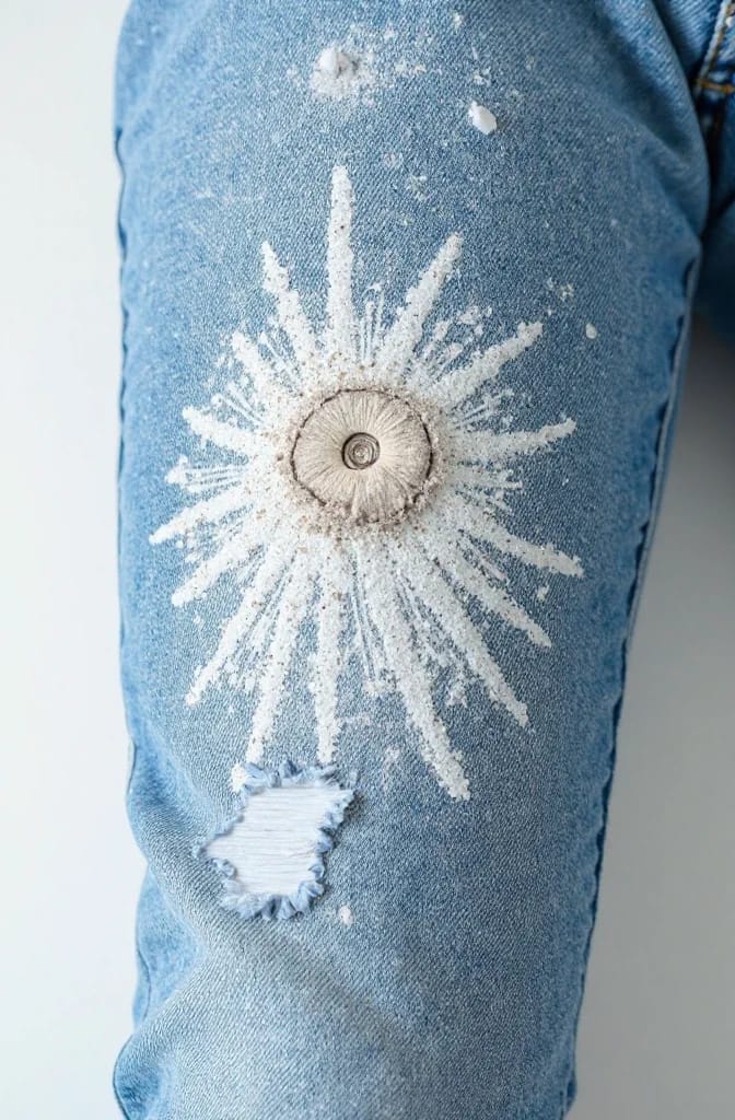 Reverse Tie Dye Jeans Sunburst Stain Cover Close-up of light blue jeans showing a deliberate white sunburst bleach pattern around a central metal rivet, with a small distressed hole below