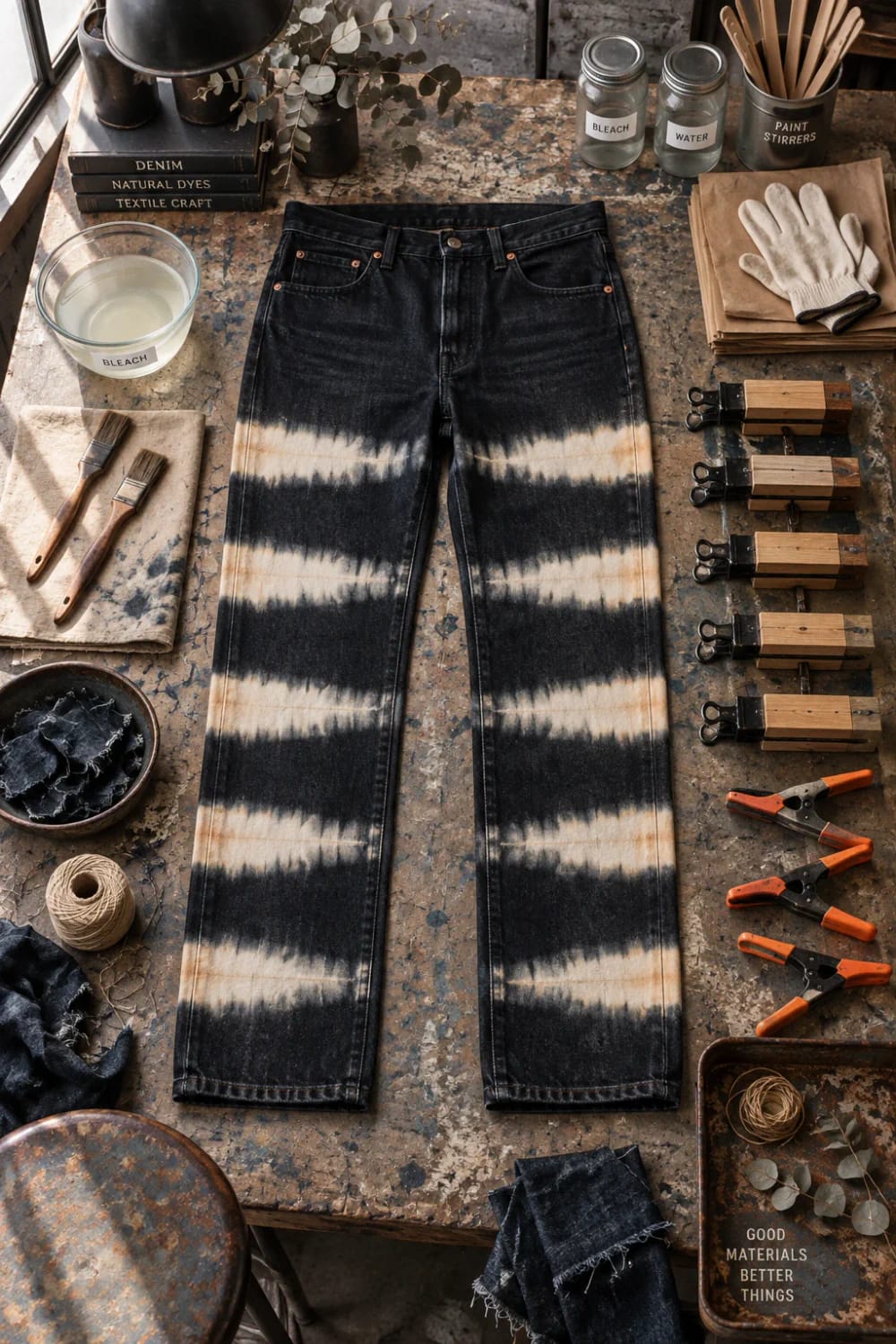 Reverse Tie Dye Jeans With Bleach Black jeans laid flat with repeated horizontal bleached stripes, surrounded by labeled bleach and water jars, clamps, gloves, brushes, and textile-making supplies for reverse tie dye jeans