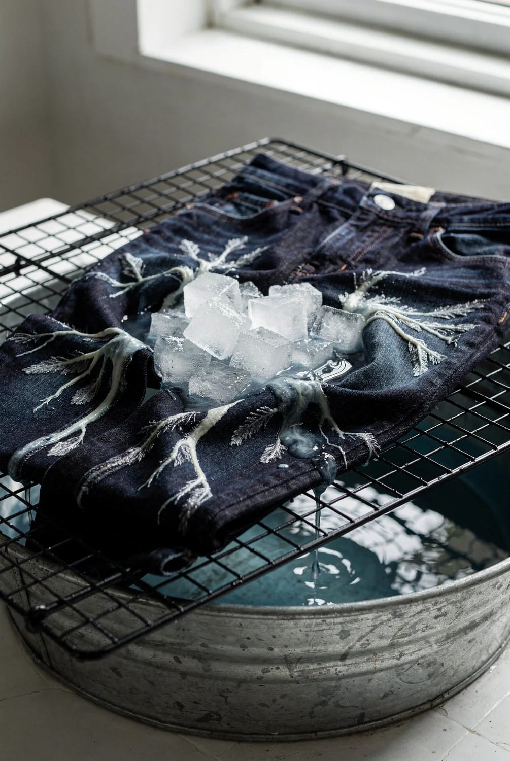 Reverse Tie Dye Jeans With Bleach And Ice Dark jeans rest on a wire rack over a metal basin, covered with ice cubes and branching lightened streaks from a reverse tie dye bleach process.